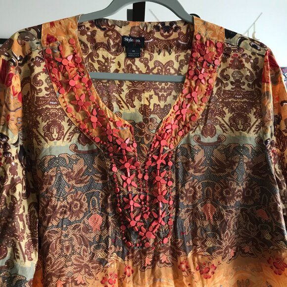 STYLE & CO size 14 Orange & Gold Paisley Boho Embellished Peasant Top Tunic - Picture 2 of 5